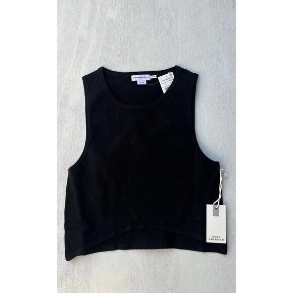 Good American Black Knit Cut In Cropped Pullover Sweater Size 3/4 - Picture 1 of 9